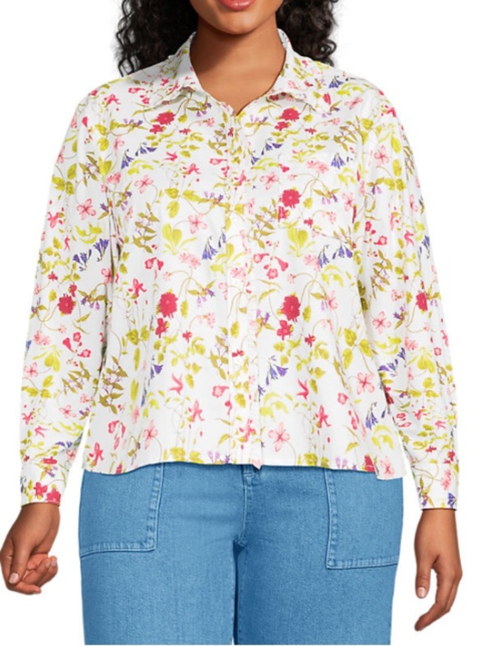 Lands End Plus Cropped Ruffle Front Shirt White Multi Garden Floral Size 3X.